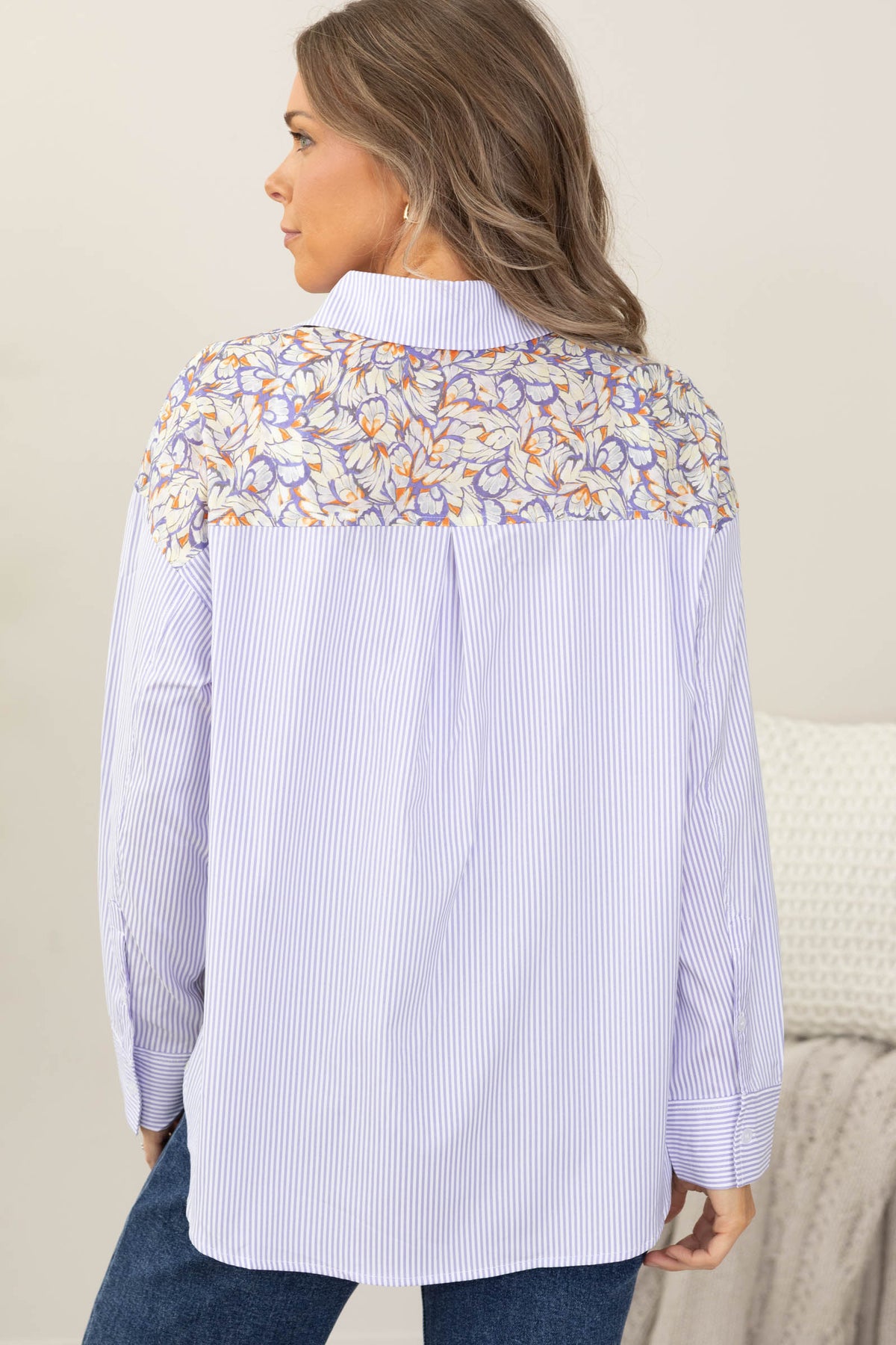 Lavender Stripe And Floral Button Up Shirt