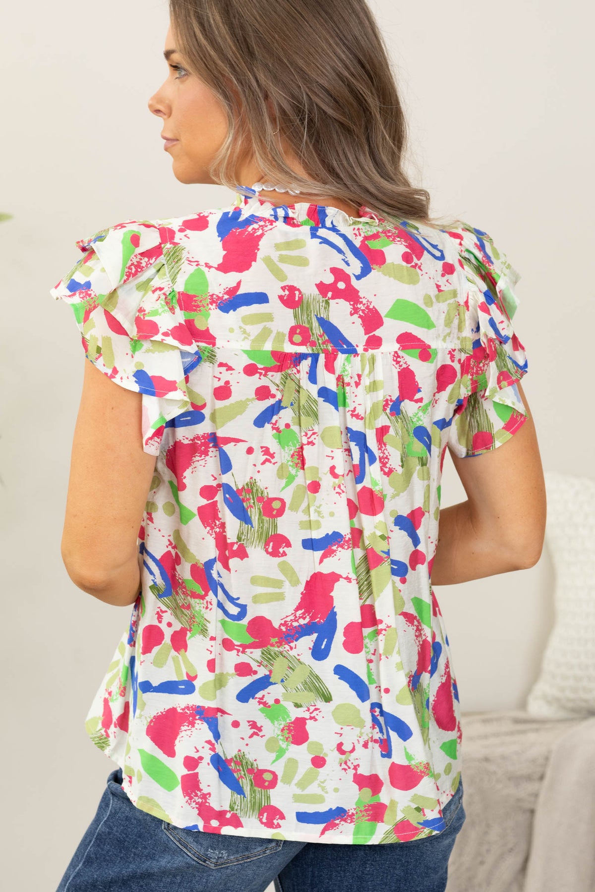 Hot Pink And Royal Blue Printed V-Neck Woven Top
