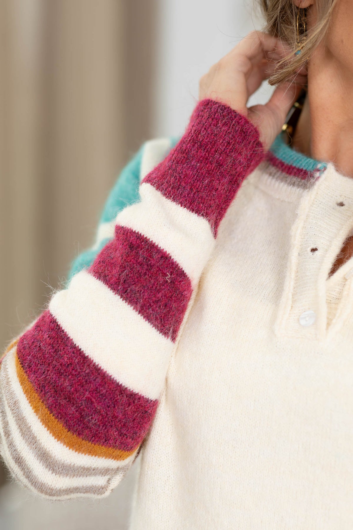 Staccato Stripe Sleeve Sweater With Button Detail