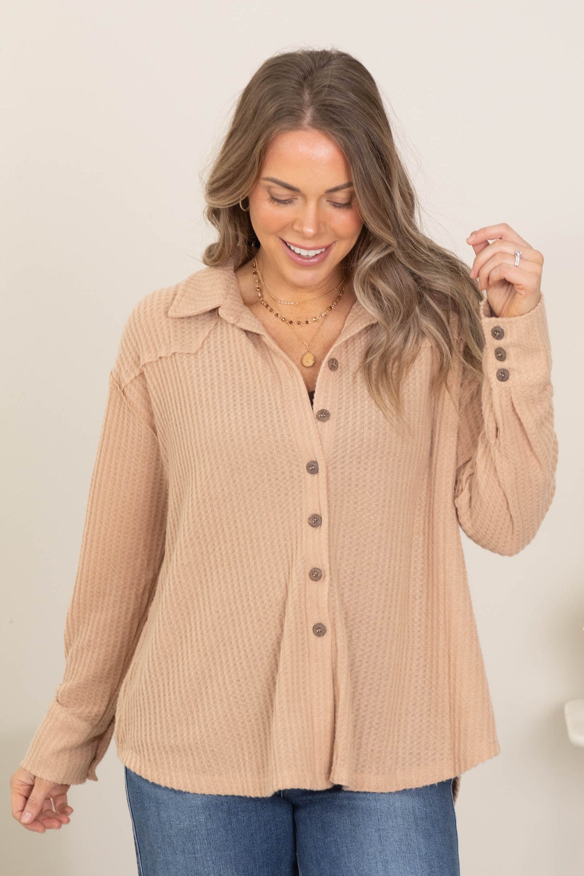 Taupe Brushed Waffle Button Up Top