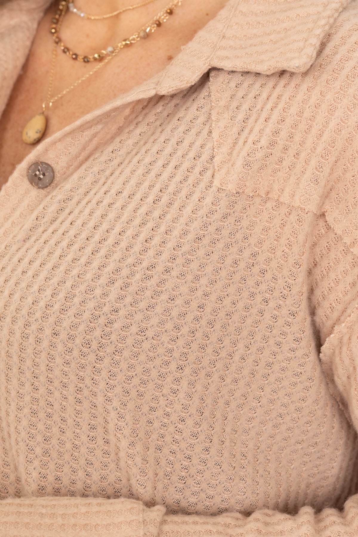 Taupe Brushed Waffle Button Up Top
