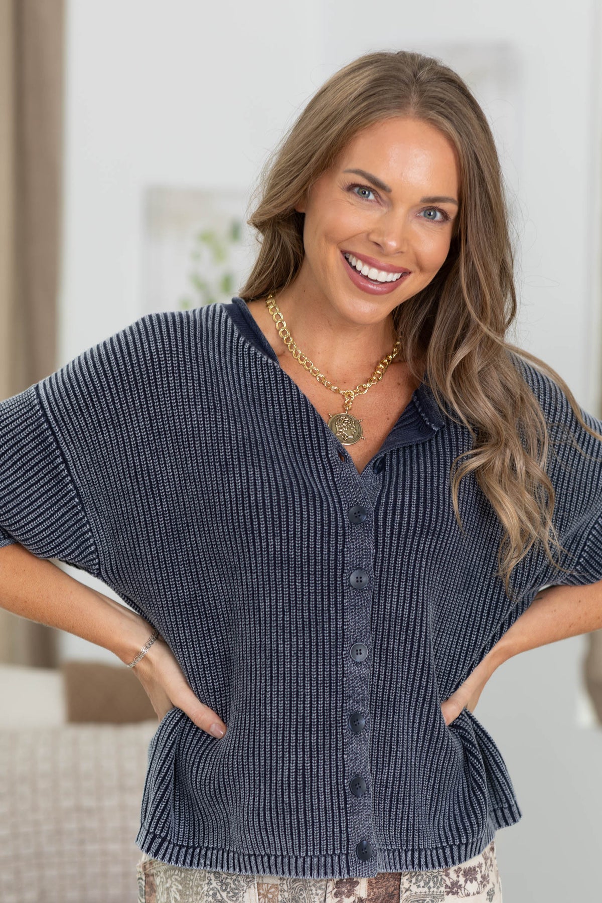 Mineral Washed Short Sleeve Button Cardigan