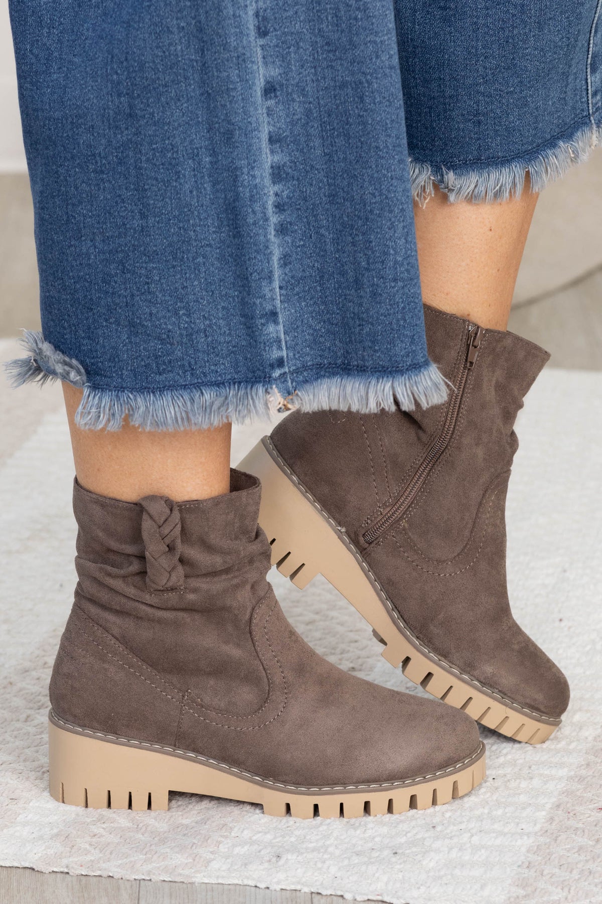 Micro Suede Lug Sole Boot With Braid Detail