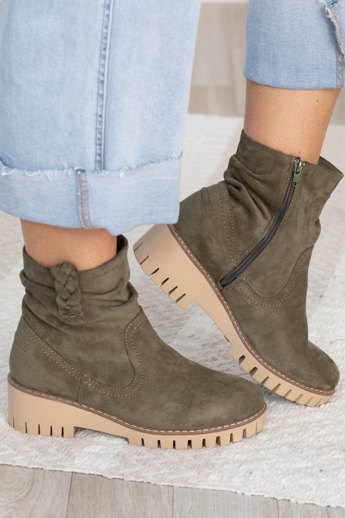 Micro Suede Lug Sole Boot With Braid Detail