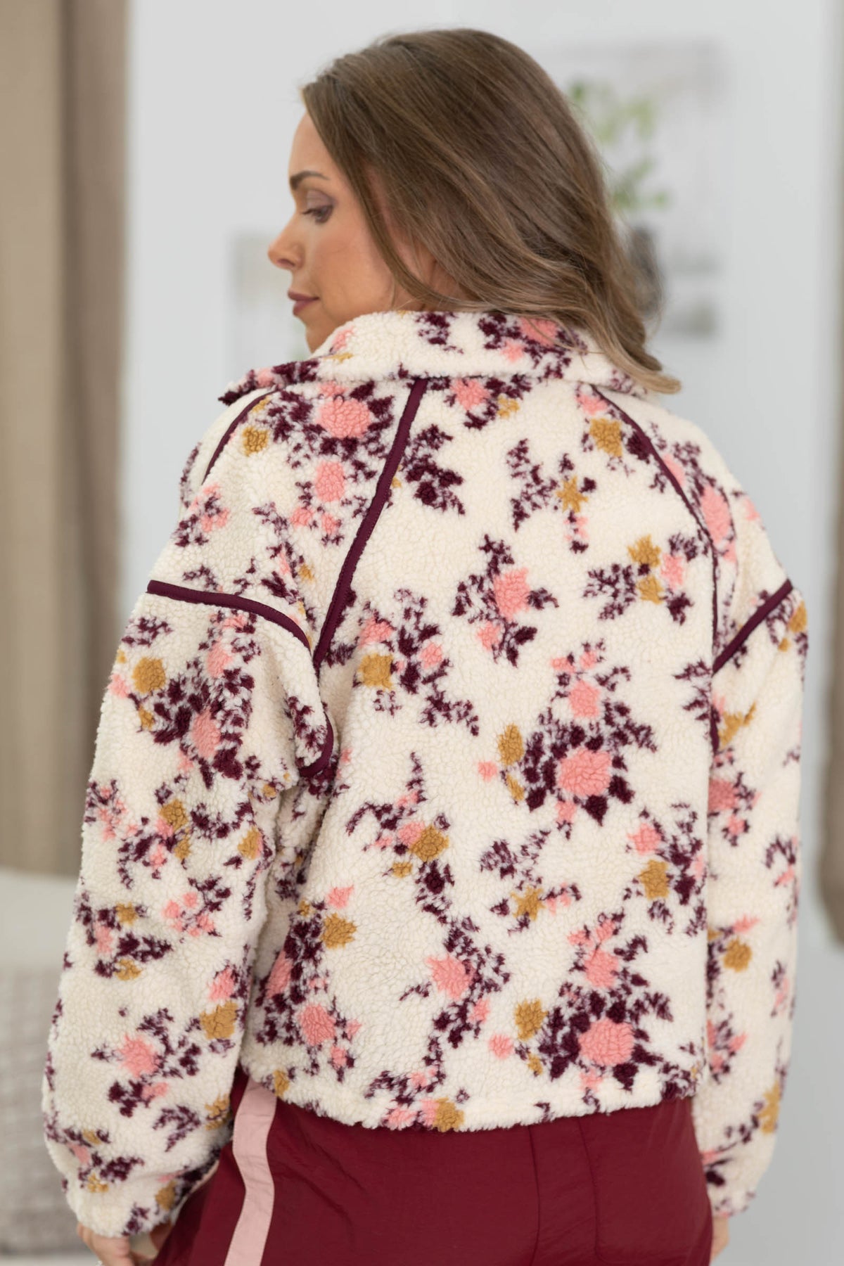 Wine Flower Print Fleece Quarter Zip Sweatshirt