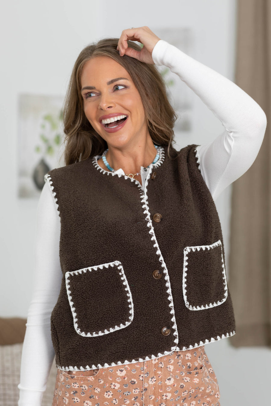 Brown Sherpa Contrast Stitch Trimming Button Vest