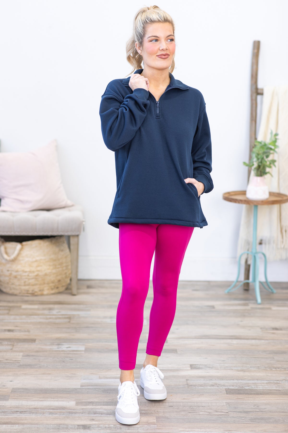 Navy Half-Zip Pullover With Drawstring