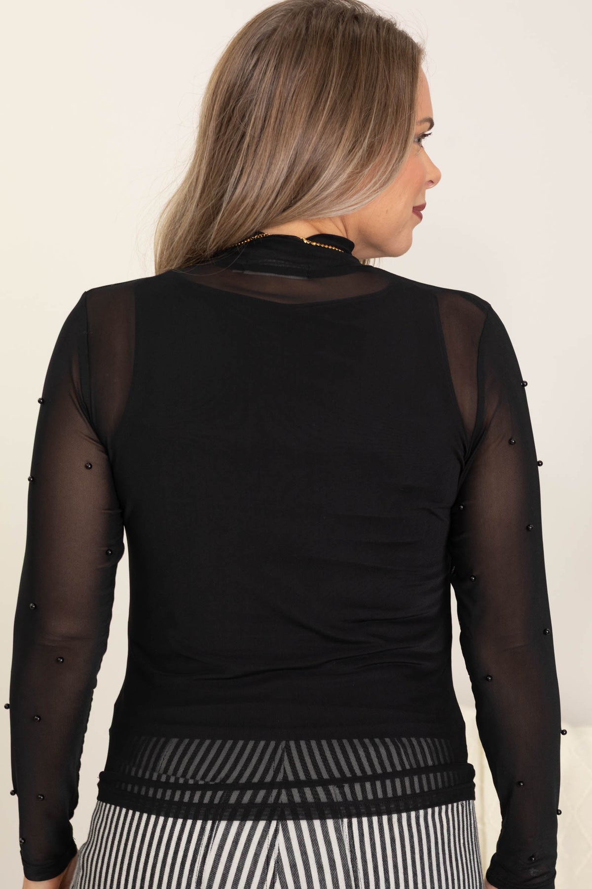 Mock Neck Mesh Knit Top With Pearls
