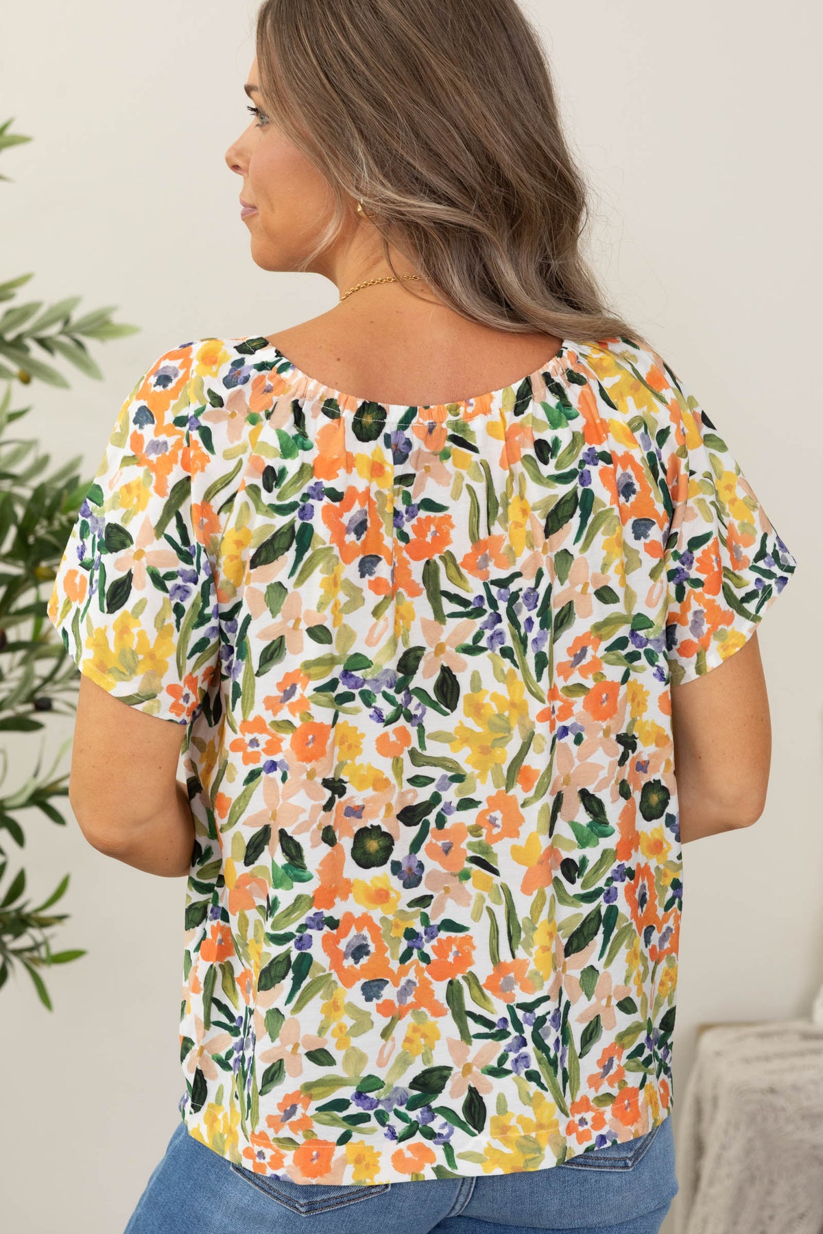 Staccato Floral Elastic Neckline Blouse with Button Detail