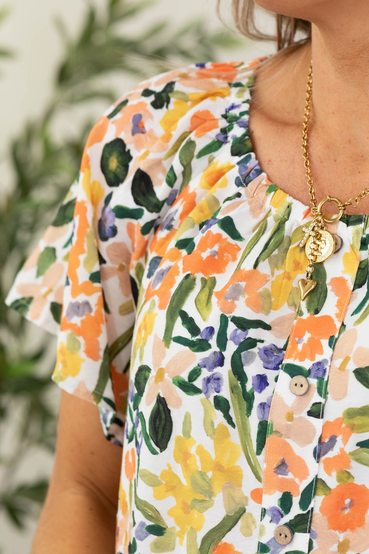 Staccato Floral Elastic Neckline Blouse with Button Detail