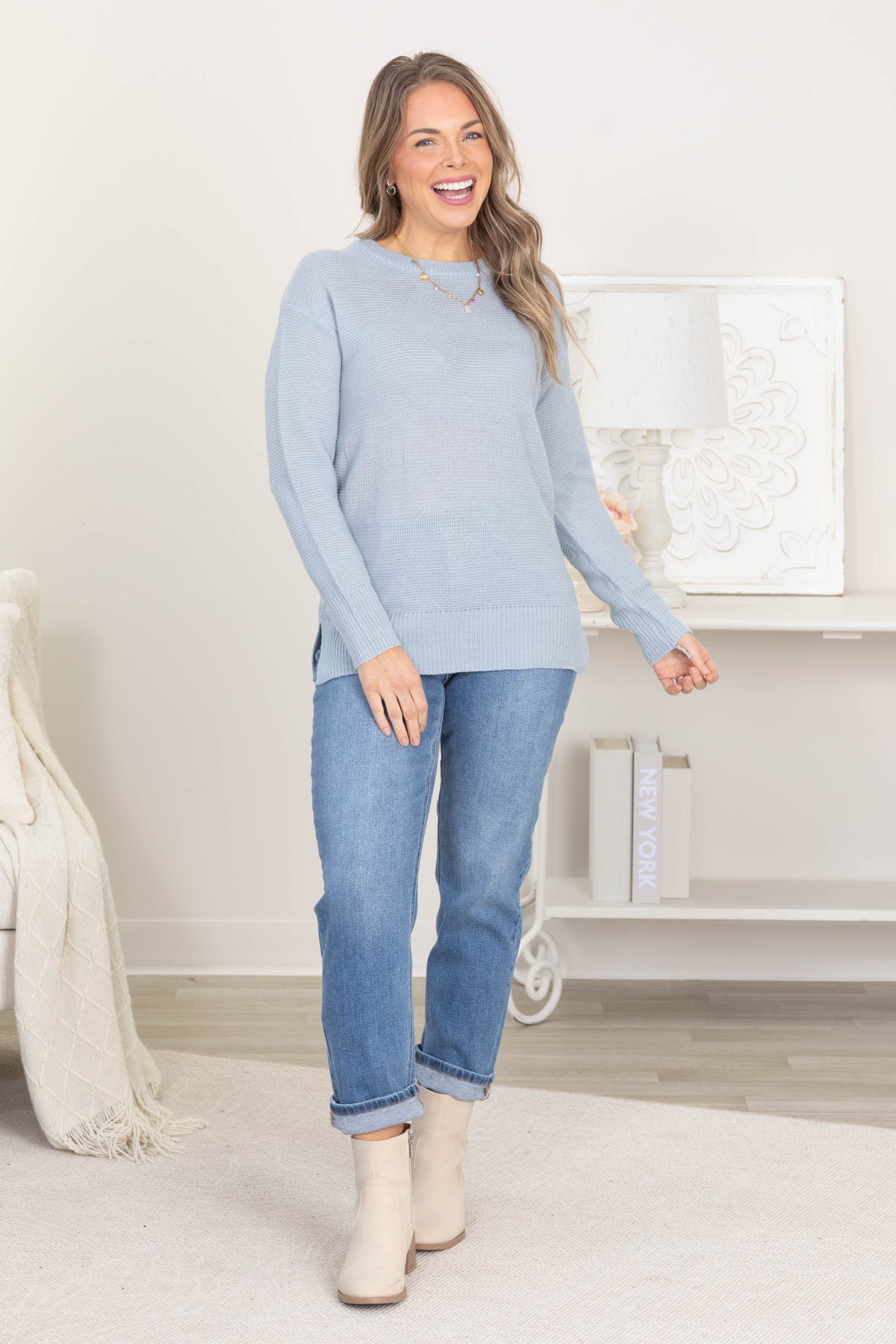 Boyfriend Fit Sweater With Ribbed Cuff Detail