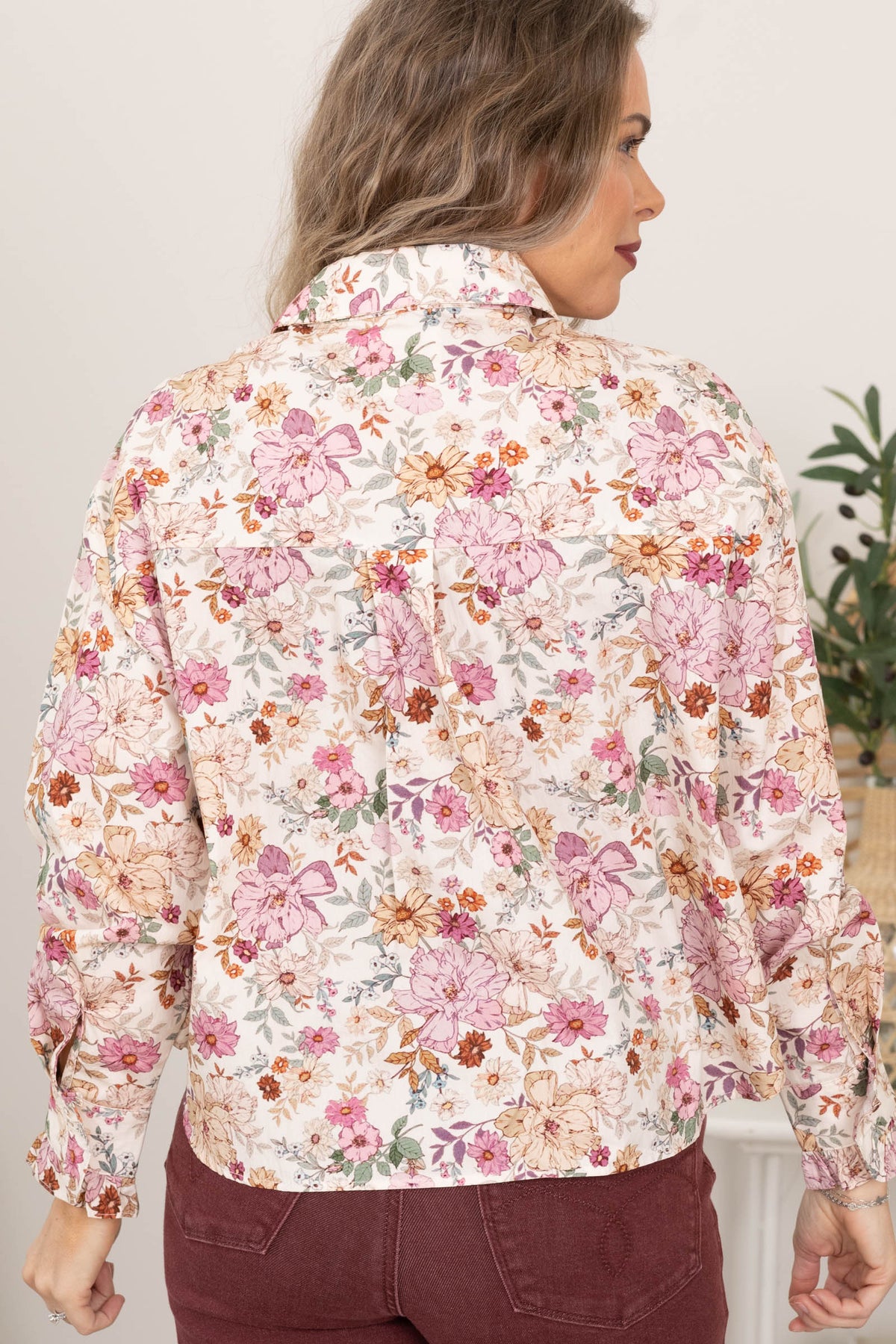 Beige Floral Ruffled Hidden Buttons Woven Top