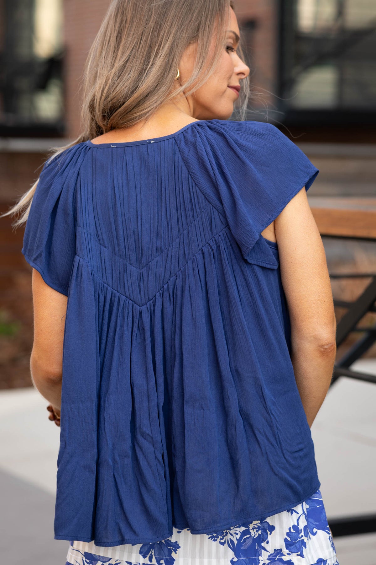 Navy Notch Flutter Shirred Woven Top