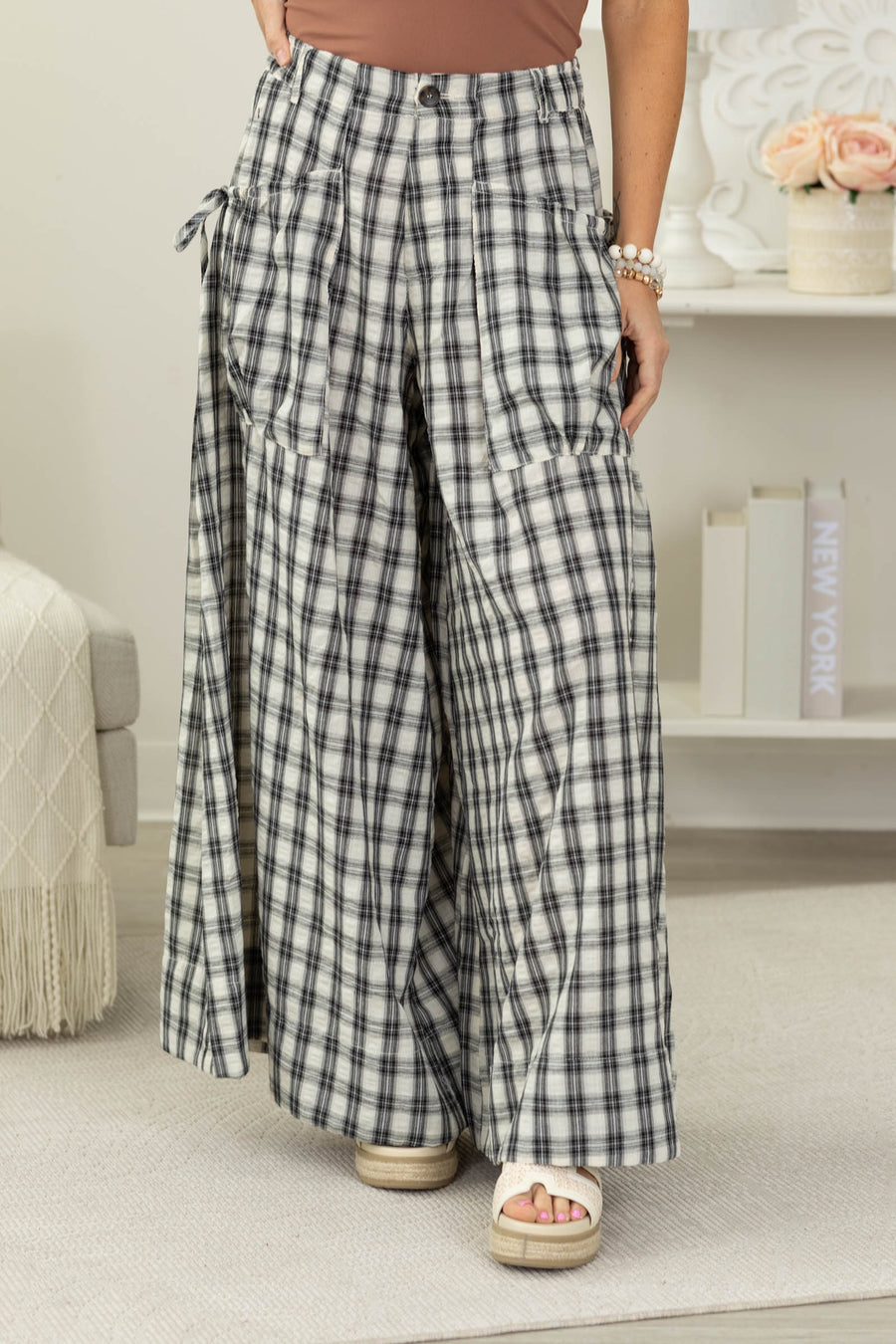 Cotierra Black Plaid Checker Wide Leg Pants- 100% Cotton