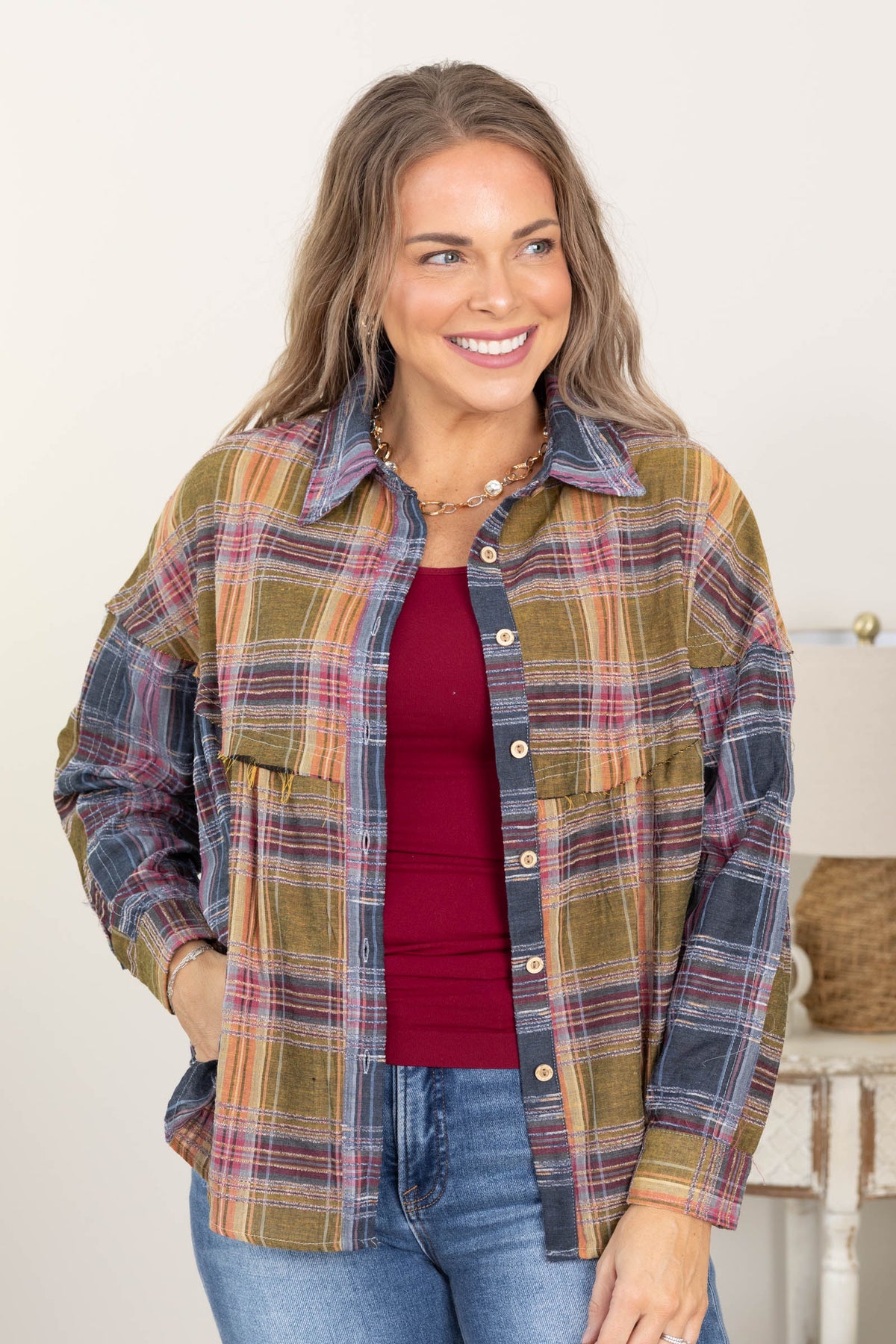 Olive Plaid Babydoll Button Up Top
