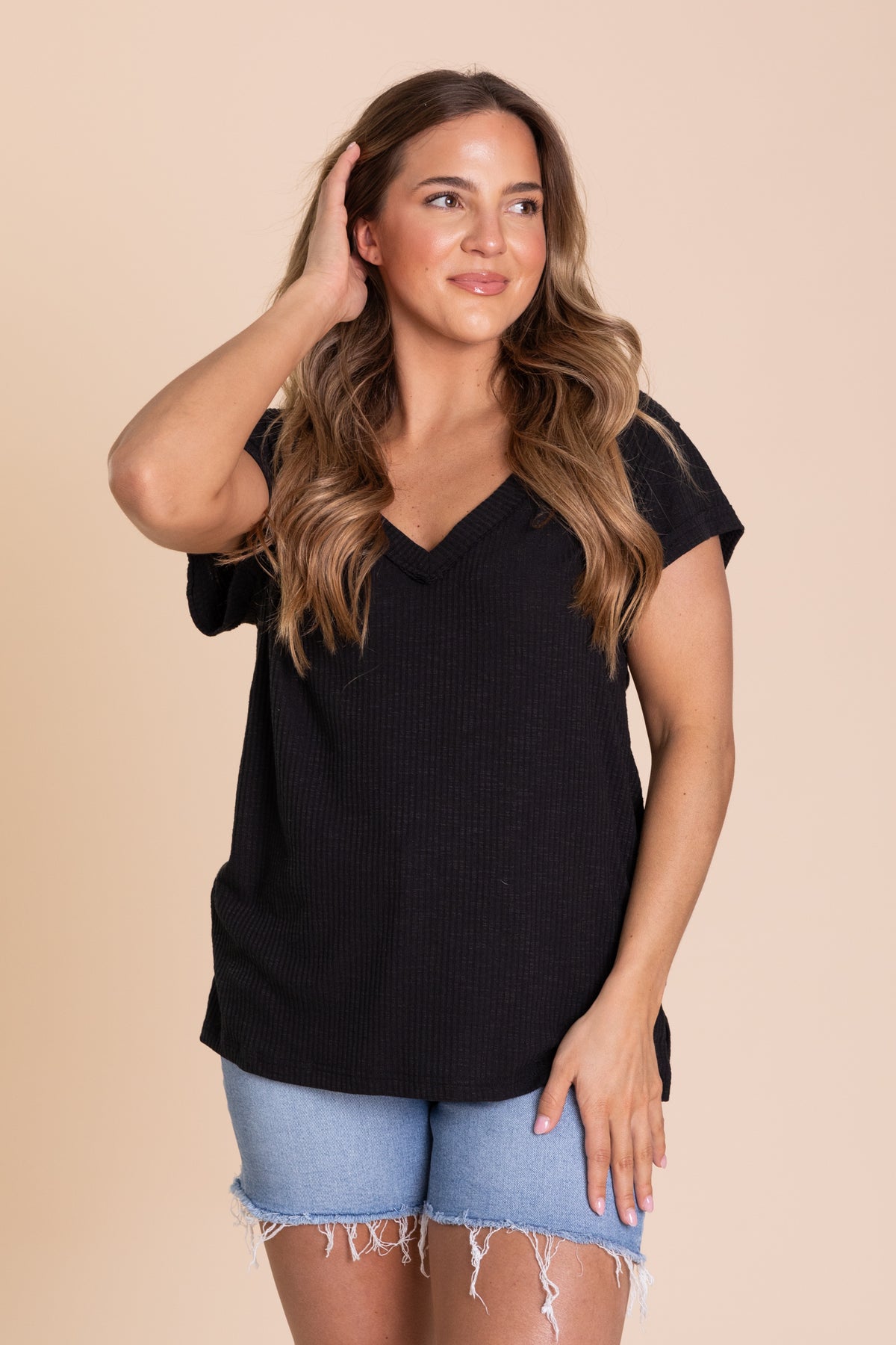 V-Neck Short Sleeve Solid Basic Knit Tops
