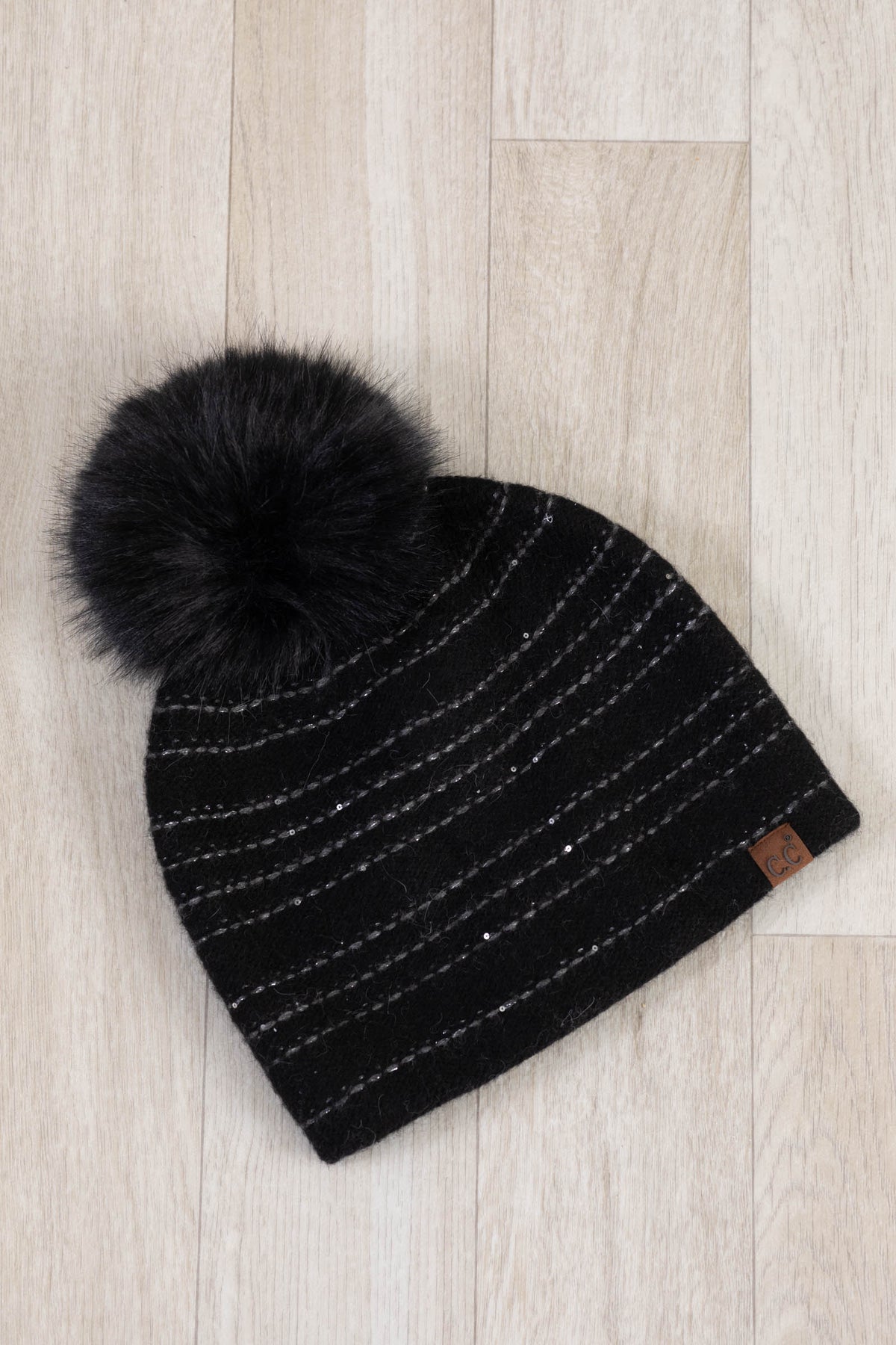 Stripe Stitches With Sequin Angora Pom Beanies