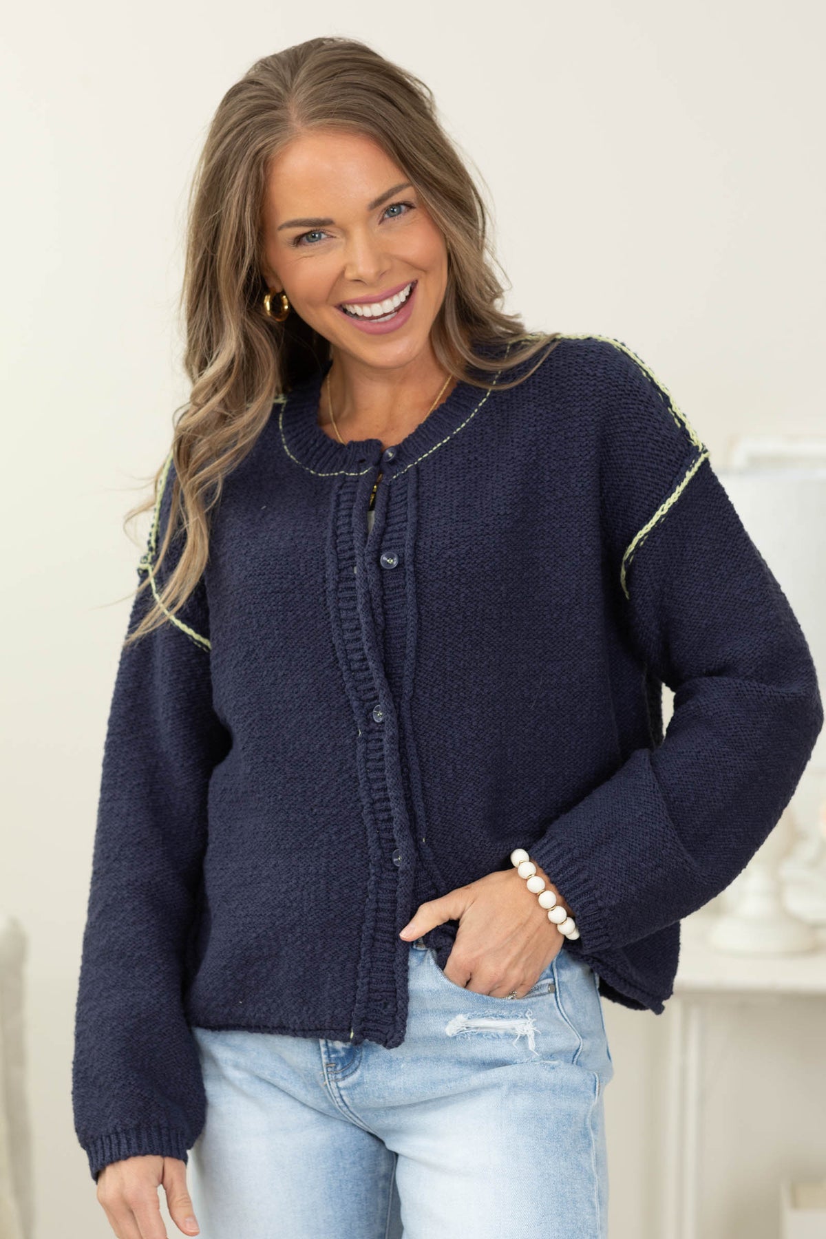 Cotierra Navy Contrast Stitch Cardigan Sweater- 100% Cotton