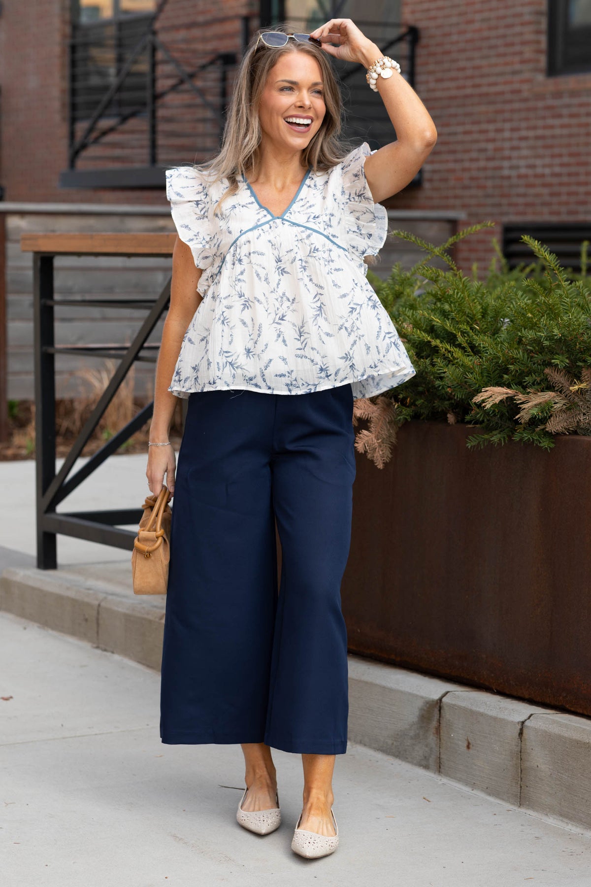 Ivory And Blue Contrast Floral Ruffle Tank Top