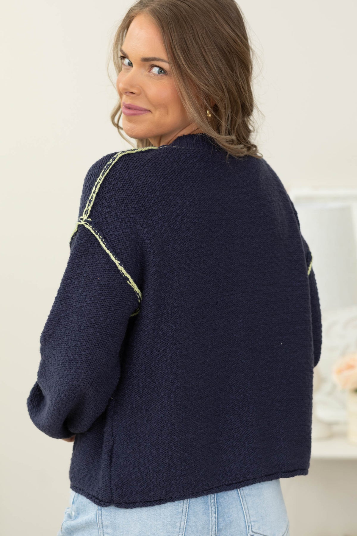 Cotierra Navy Contrast Stitch Cardigan Sweater- 100% Cotton