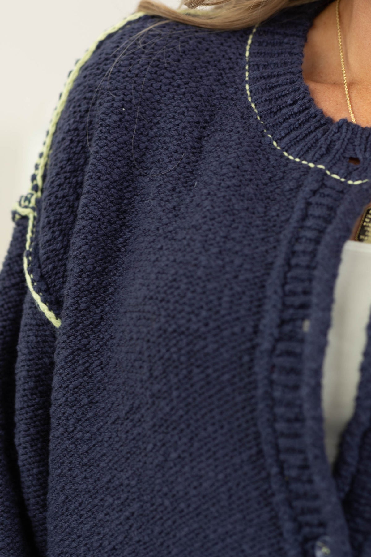 Cotierra Navy Contrast Stitch Cardigan Sweater- 100% Cotton