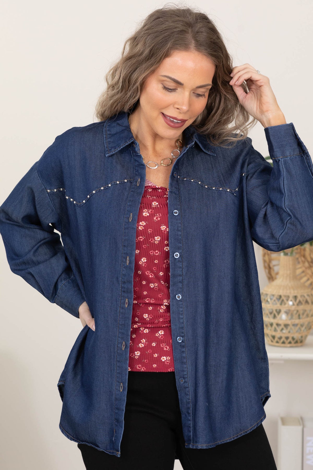 Denim Button Down Stud Detail Top