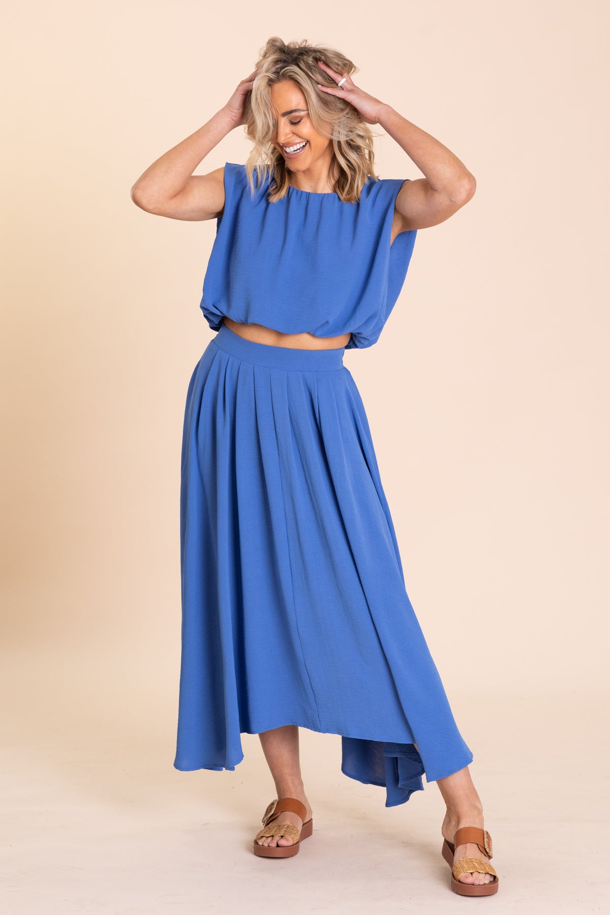 Pastel Blue Woven Bubble Hem Top