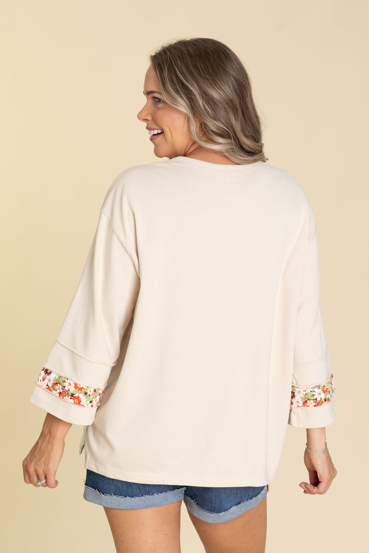 Beige Flower Patch Front Terry Knit Top