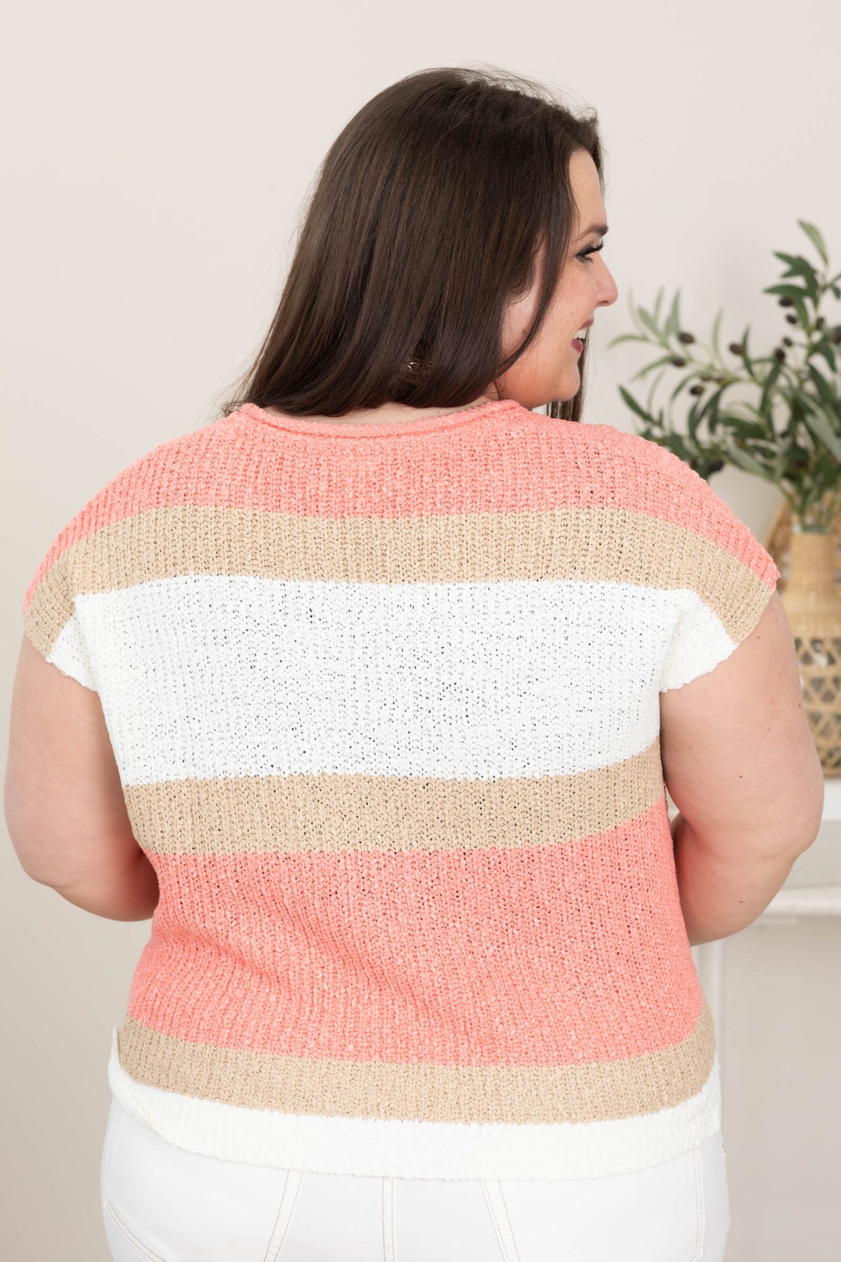 Coral and Mocha Crochet Striped Knit Top