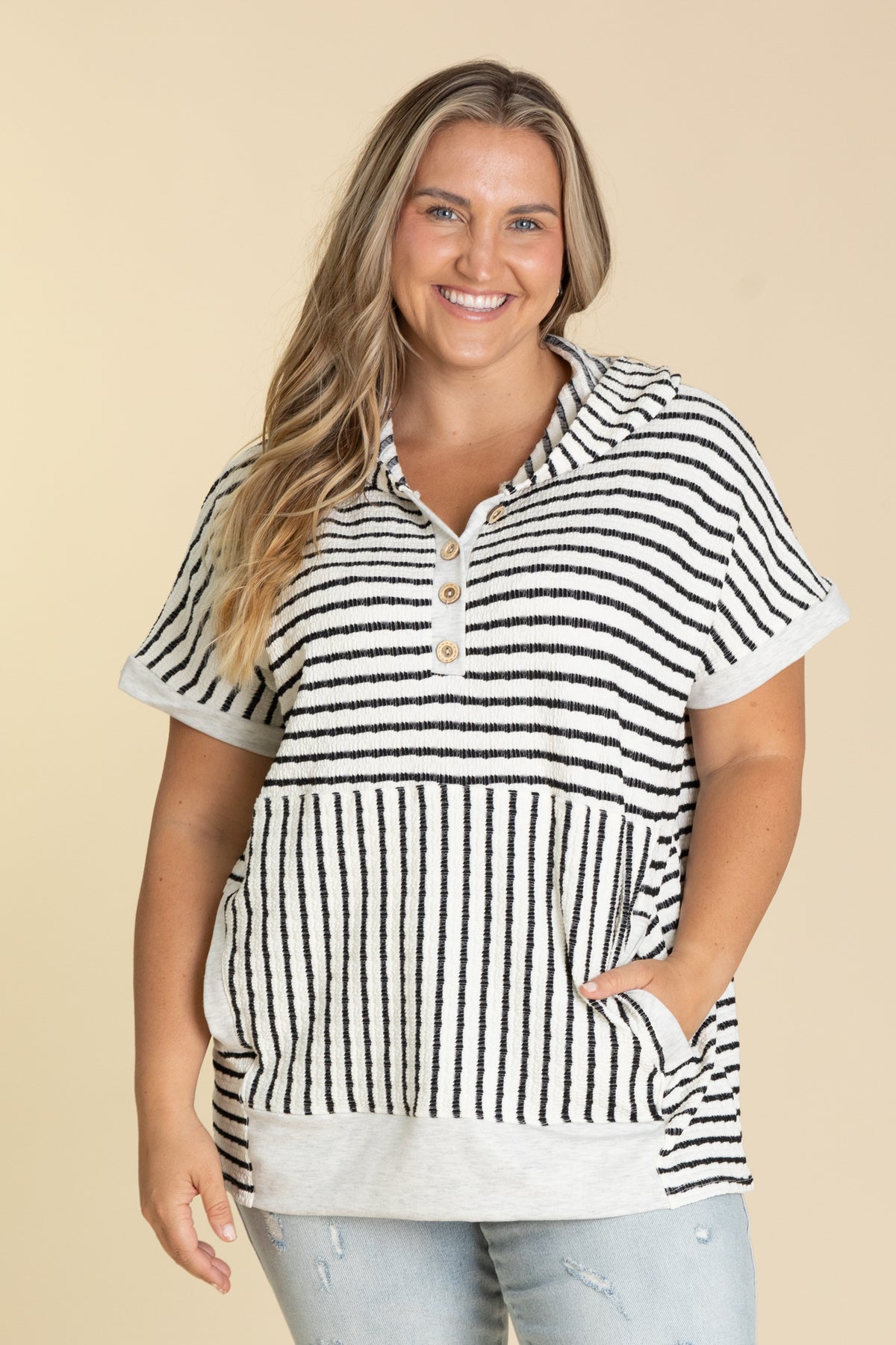 Ivory And Black Stripe Hoodie Short Sleeve Top