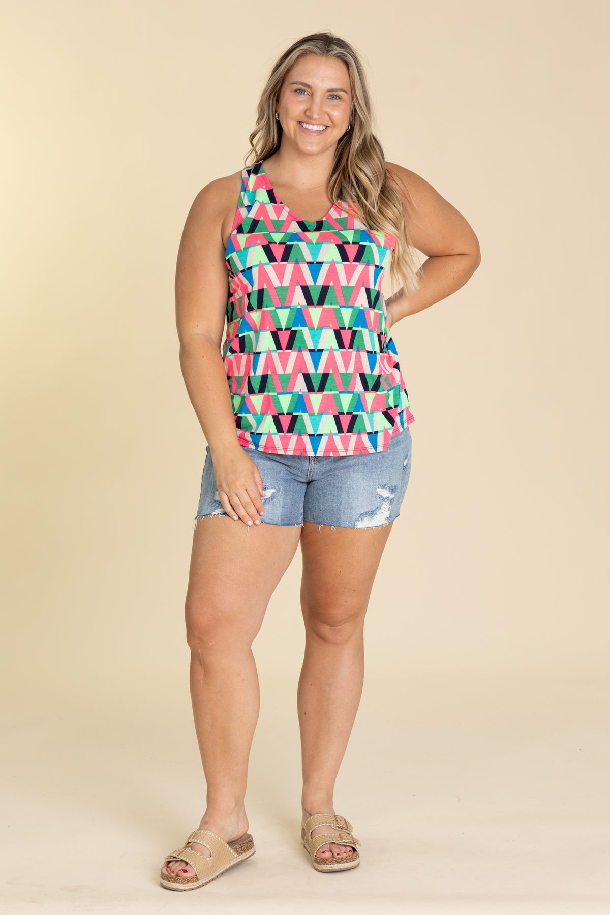 Neon Pink Abstract V-Neck Knit Top
