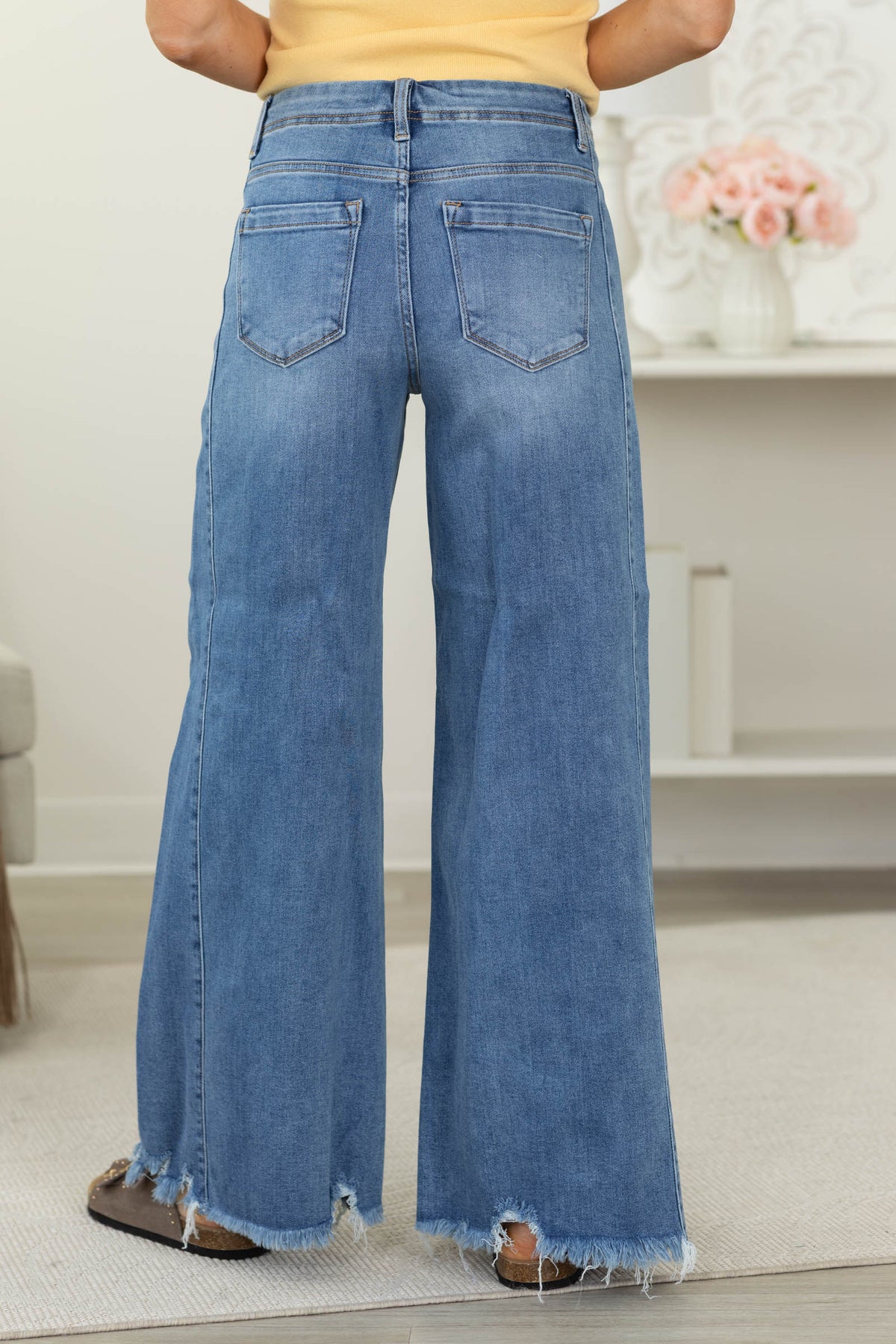 Risen Medium Wash High Rise Ankle Wide Jeans