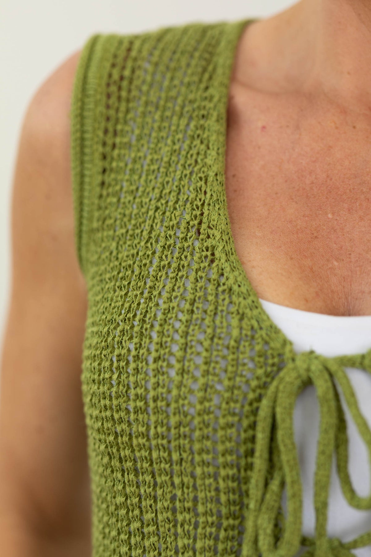 Sheer Crochet Knit Front Tie Sleeveless Knit Vest