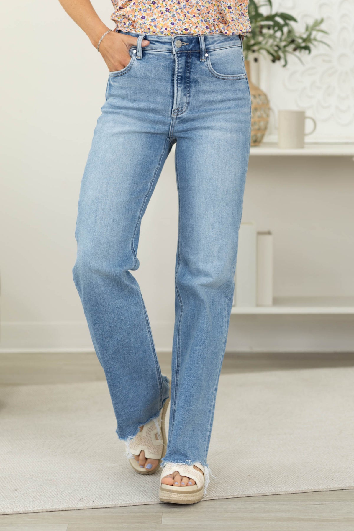 Risen Tummy Control High Rise Raw Cut Hem Jean