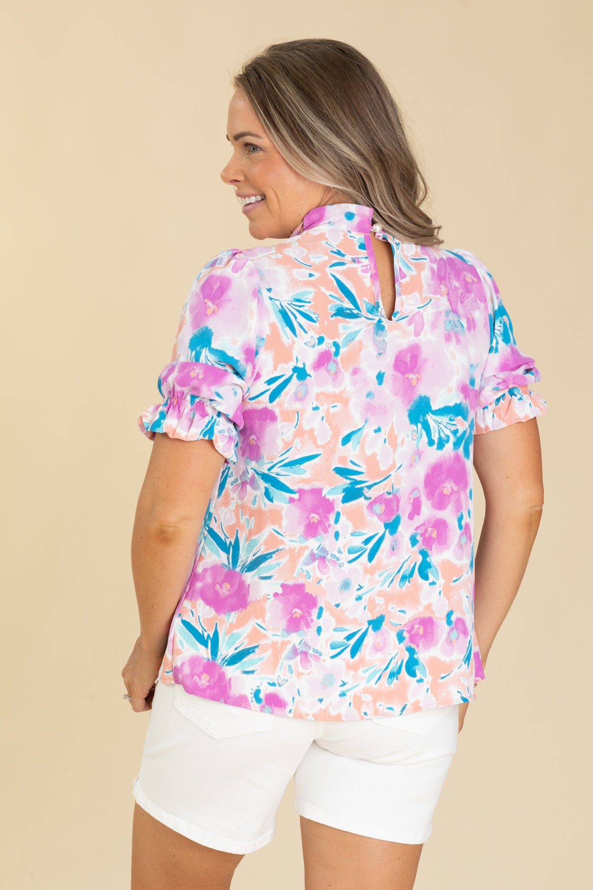 Peach and Teal Ruffle Neck Floral Woven Top