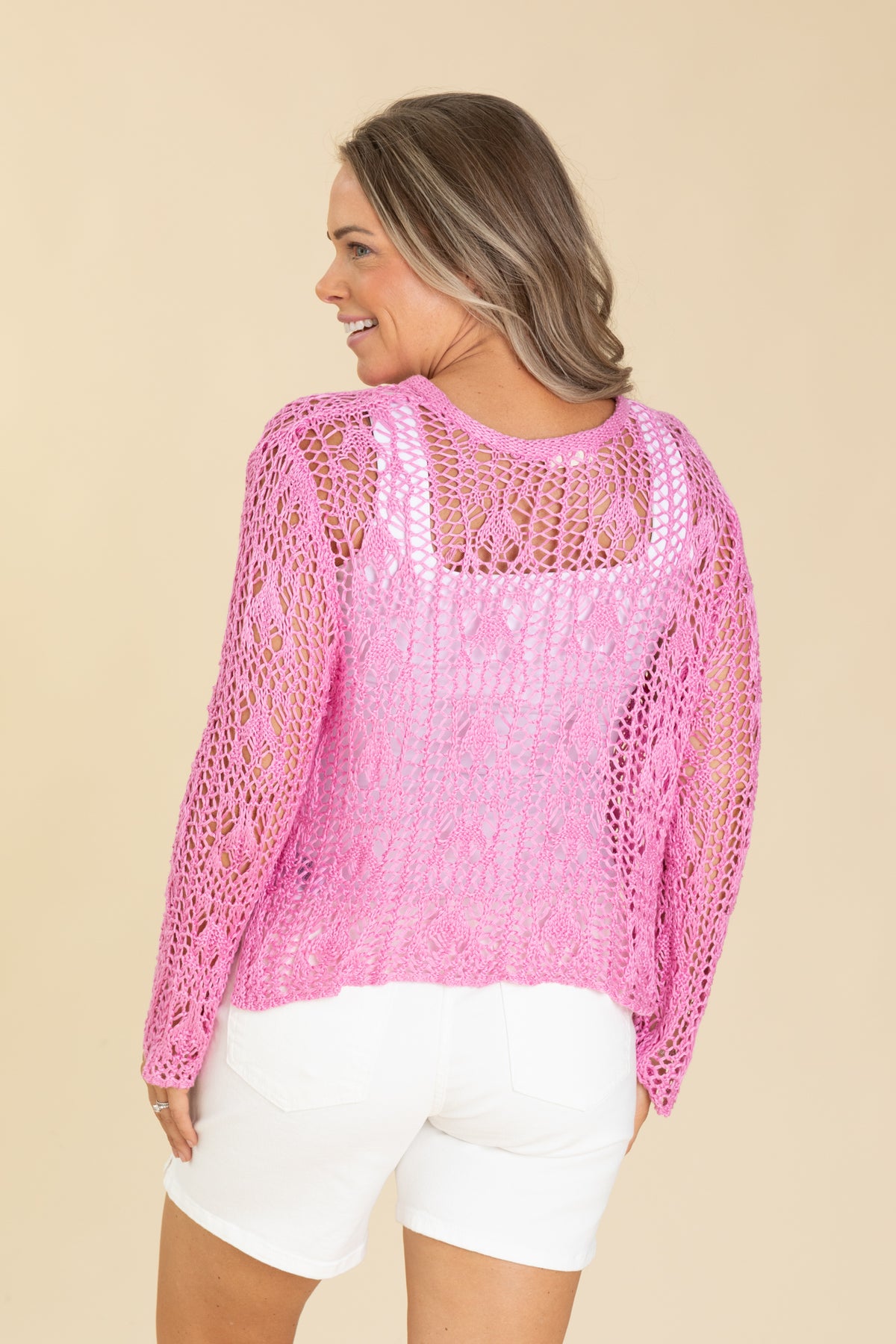 Pink Soft Loose Crochet Boho Knit Top