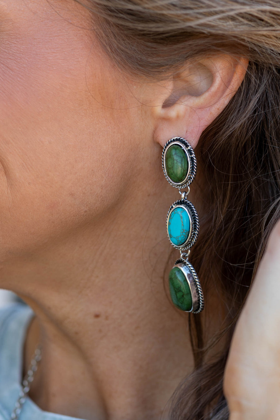 Silver Turquoise and Green Tier Post Earrings