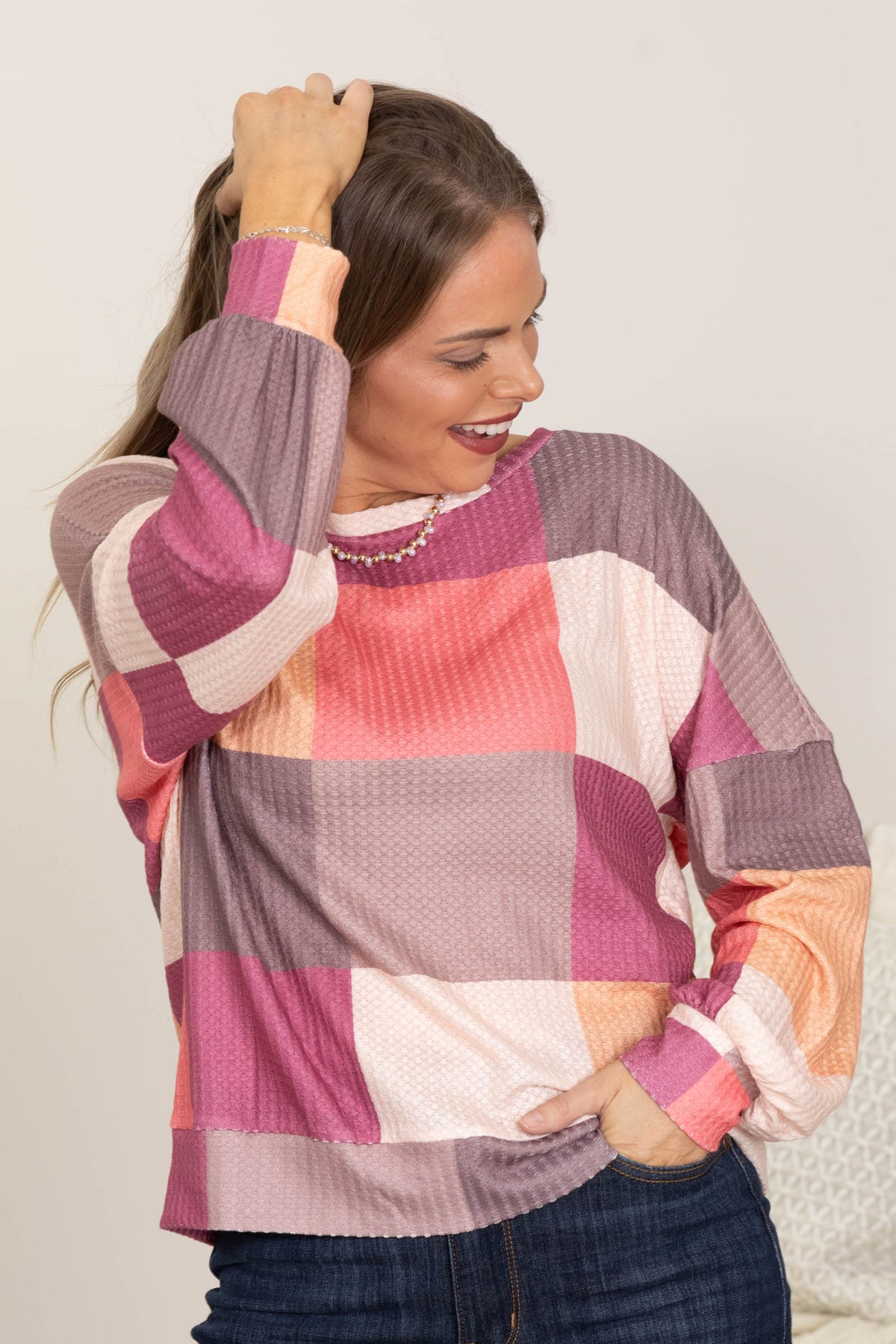 Mauve And Mocha Checkered Print Knit Top