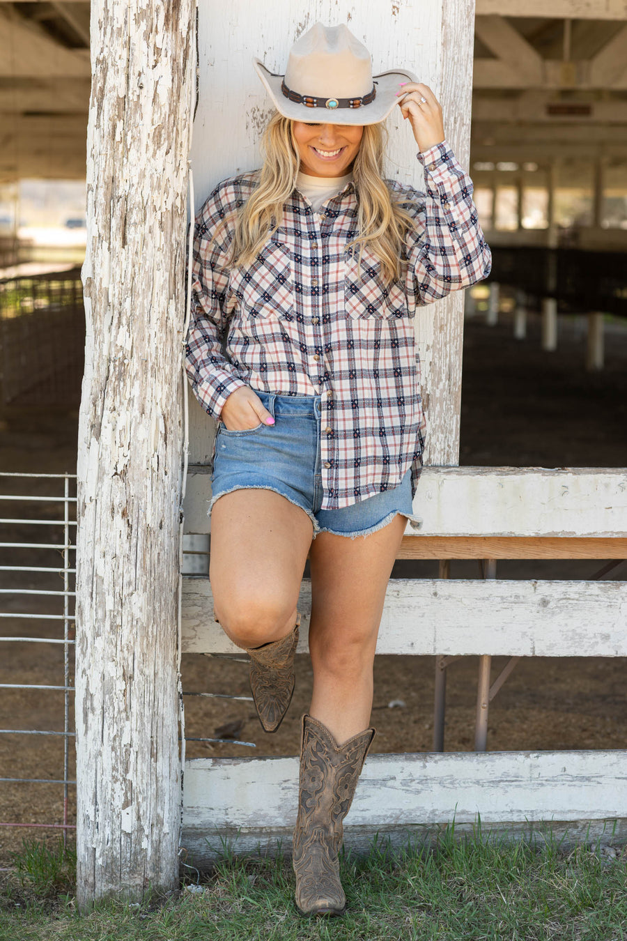 Rust And Navy Plaid Button Down Shirt- 100% Cotton