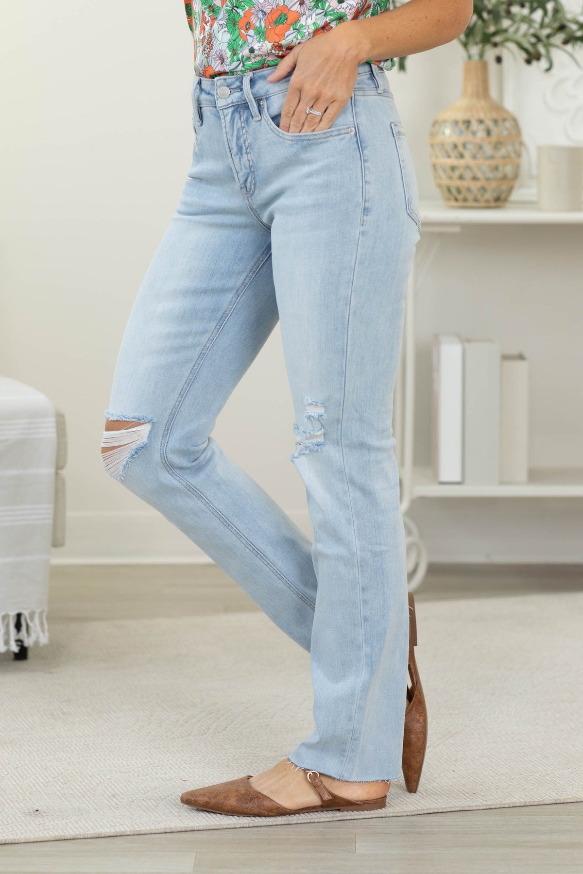 Mica Light Wash Distressed Knee Straight Leg Jeans
