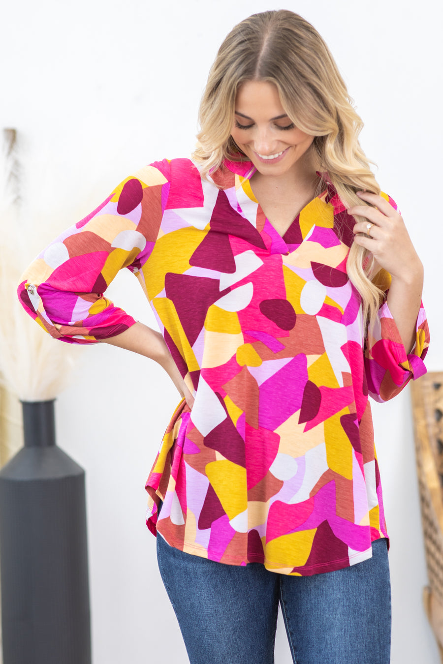Hot Pink Geo Print Wrinkle Free Lizzy Top
