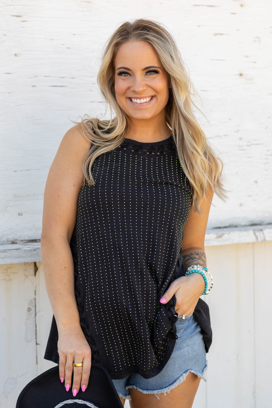 Black Godet Tank Top With Criss Cross Detail