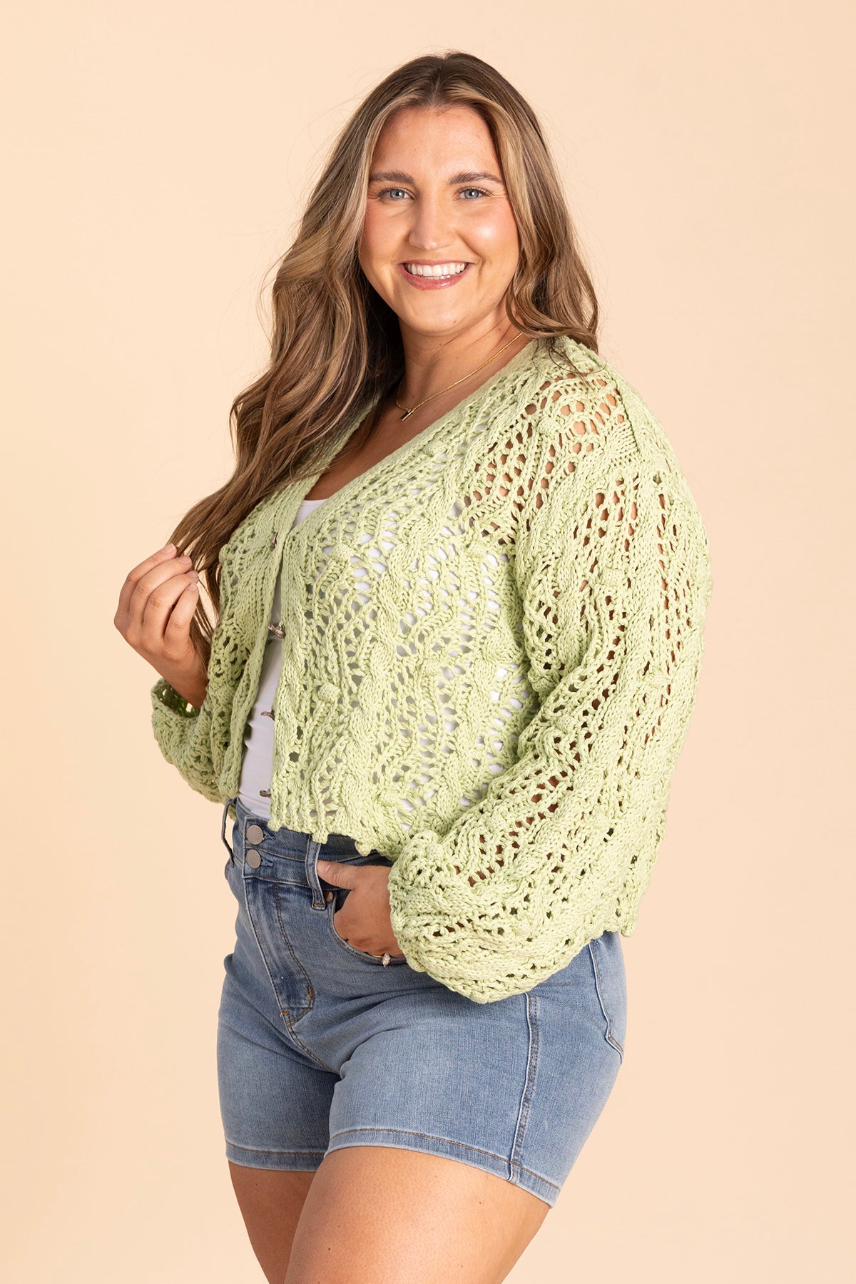 Light Sage Crochet Button Up Cardigan