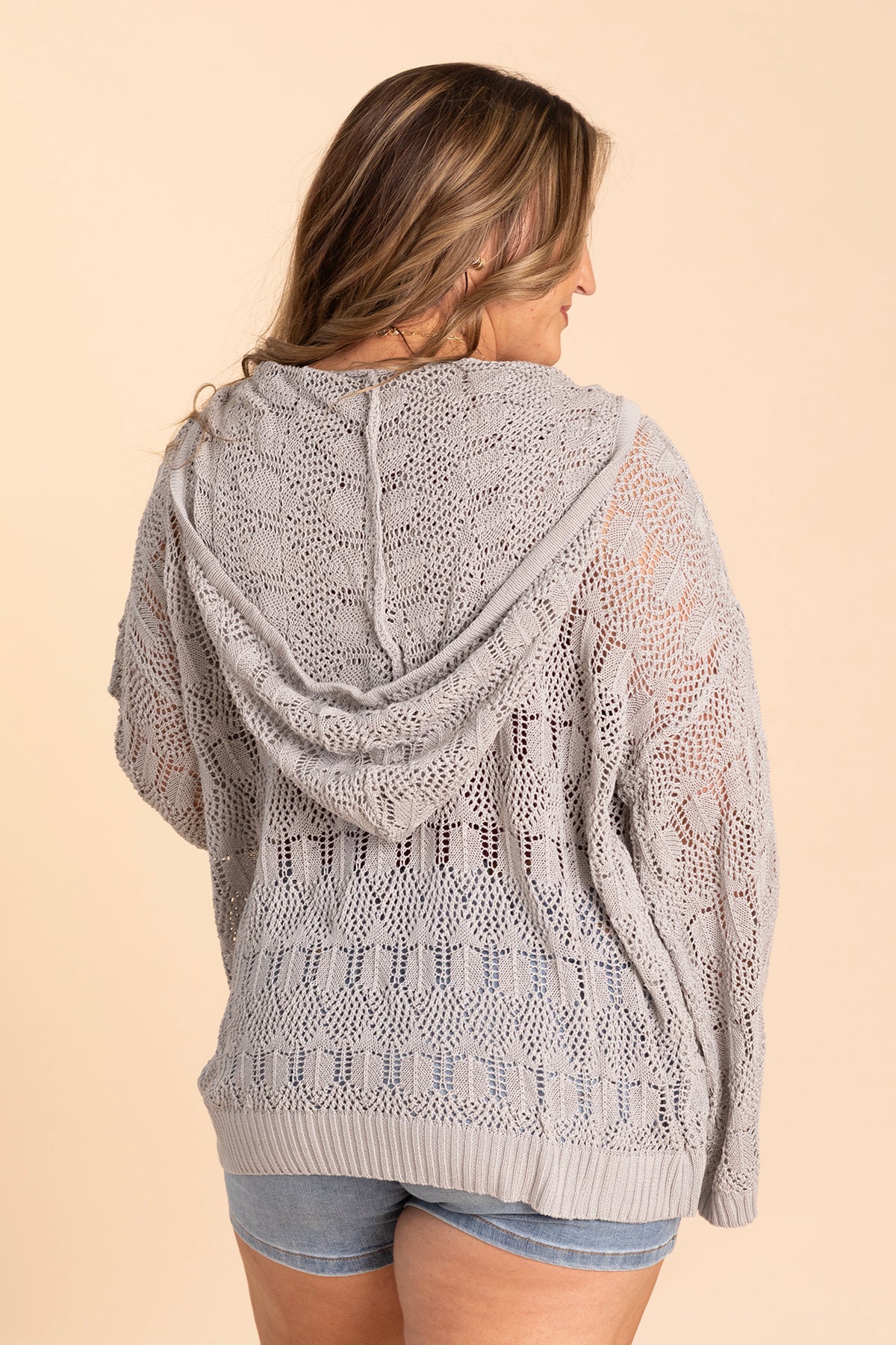 Grey Oversize V-Neck Fine Gauge Crochet Top
