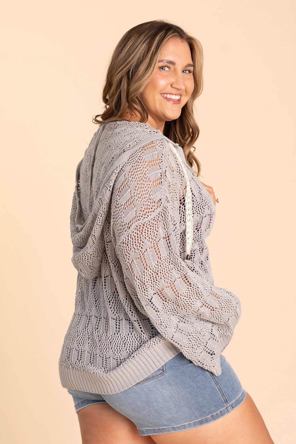 Grey Oversize V-Neck Fine Gauge Crochet Top