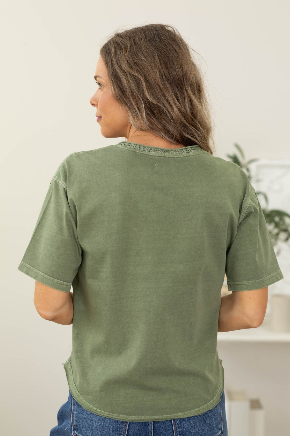 Olive Knit Tee With Crochet Trim Detail