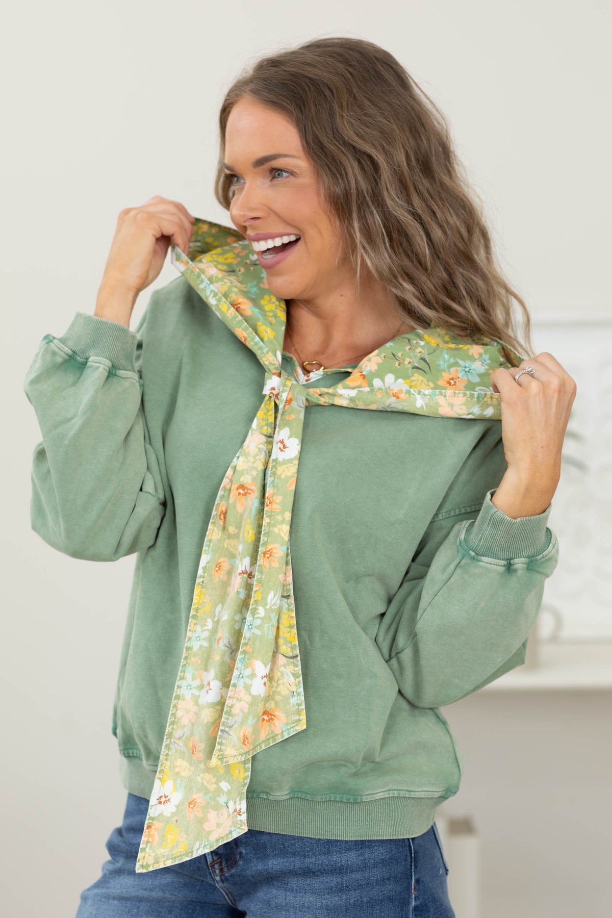 Olive Mineral Washed Top With Cotton Floral Scarf
