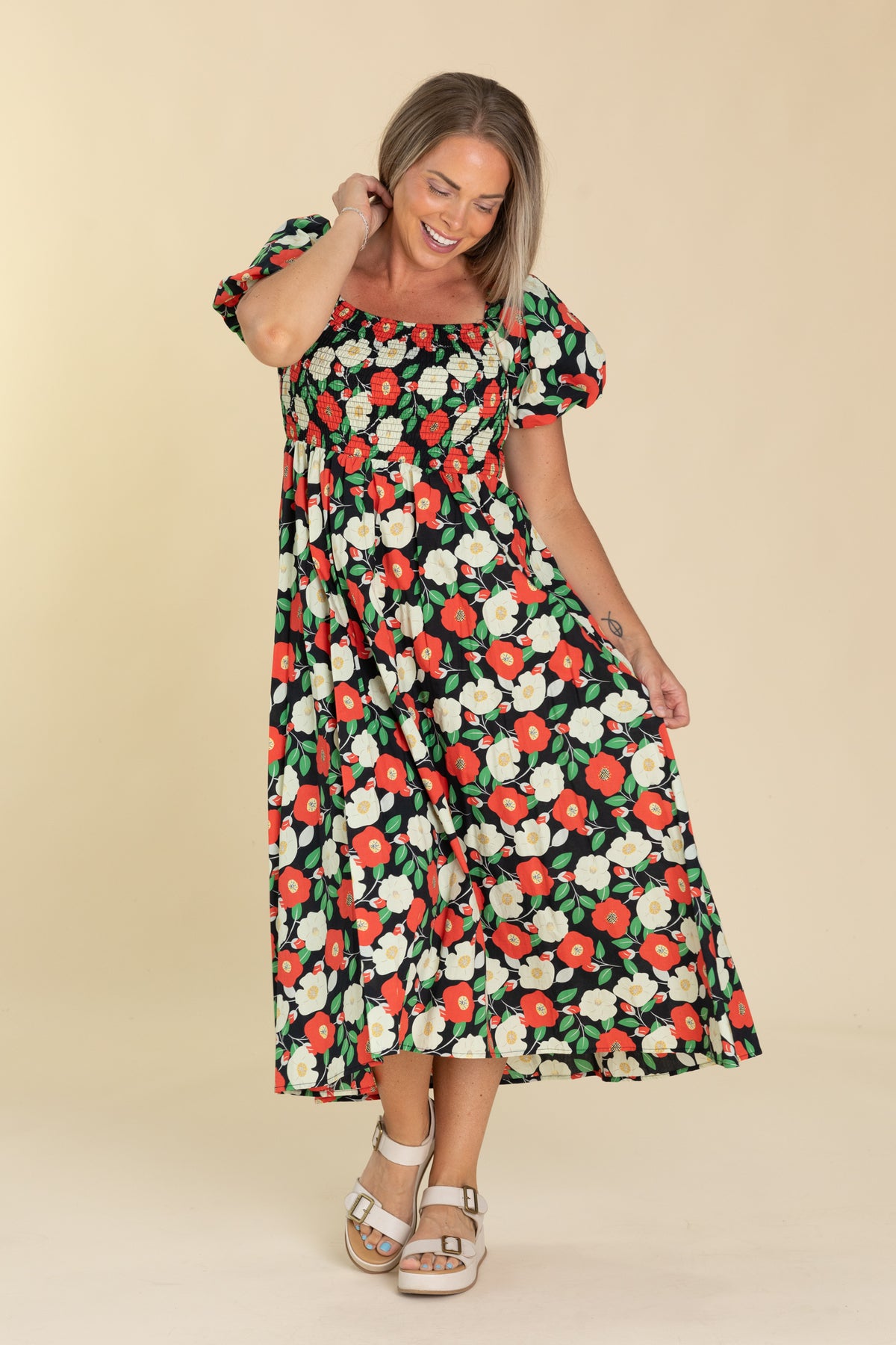 Black Floral Puff Short Sleeves Midi Dress