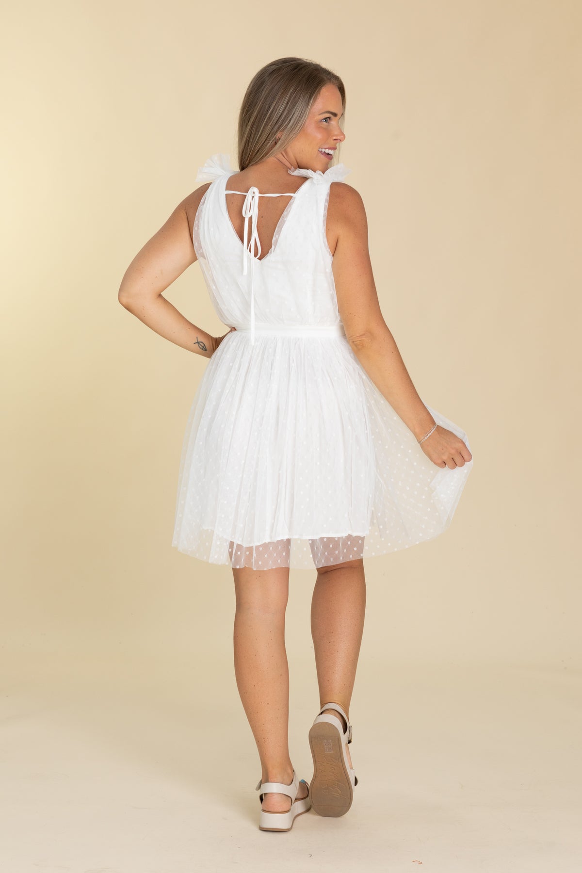 White Swiss Dot V-Neck Dress