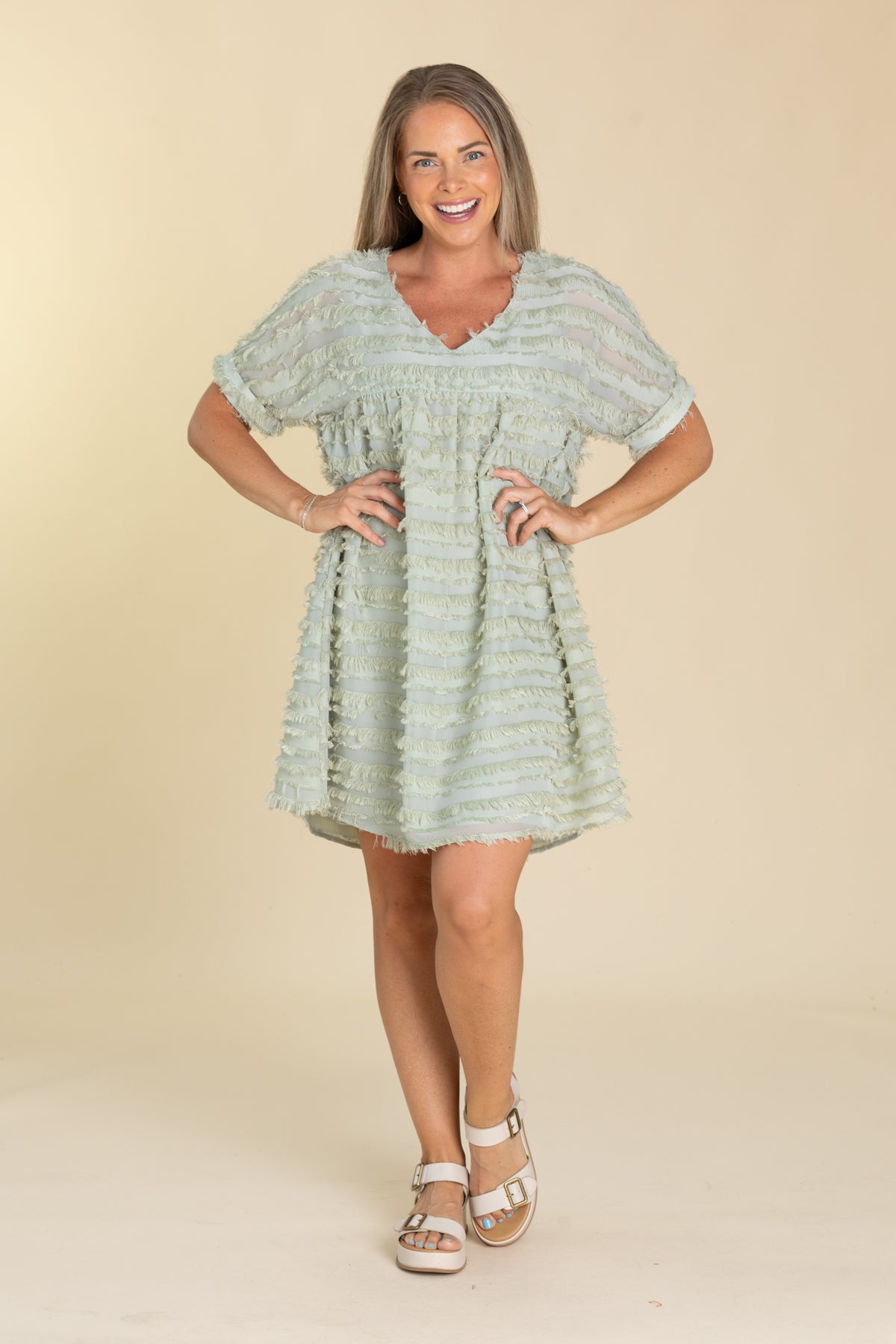 Sage Eyelash Textured V-Neck Dress